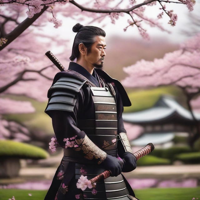 A detailed image of a traditional samurai warrior dressed in black ornate armor, holding a katana, standing in a tranquil Japanese garden with cherry blossom trees in full bloom