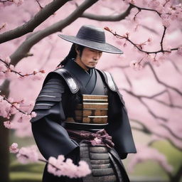 A detailed image of a traditional samurai warrior dressed in black ornate armor, holding a katana, standing in a tranquil Japanese garden with cherry blossom trees in full bloom