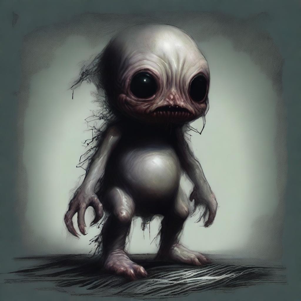 A dark and eerie depiction of a fetus monster, featuring grotesque and unsettling details