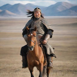 An authoritative, grand portrayal of Genghis Khan, the legendary Mongol leader, dressed in traditional Mongol warrior attire, standing tall against a backdrop of vast, windswept steppes.