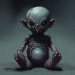 A dark and eerie depiction of a fetus monster, featuring grotesque and unsettling details