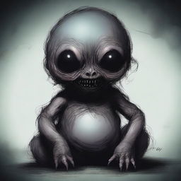 A dark and eerie depiction of a fetus monster, featuring grotesque and unsettling details