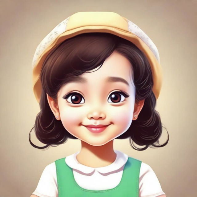 Create an image of a cute little woman with a cheerful expression, dressed in a charming outfit