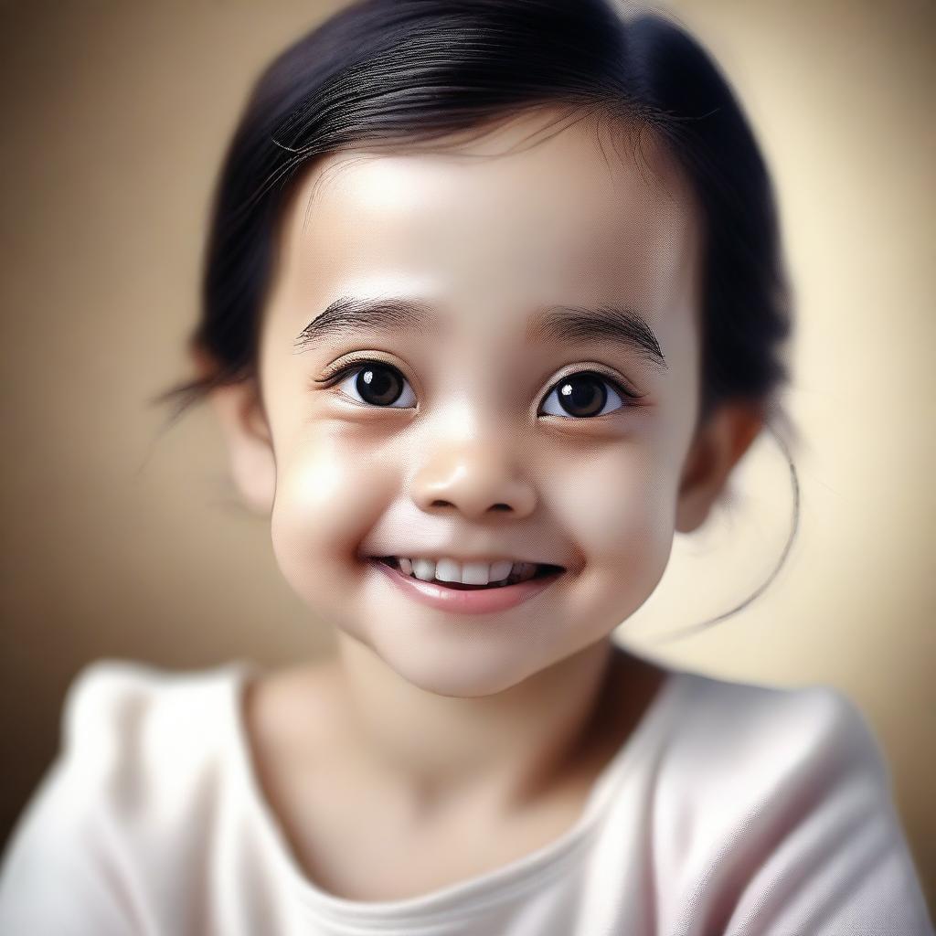 A hyper-realistic image of a cute little woman with a friendly expression