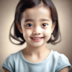 A hyper-realistic image of a cute little woman with a friendly expression