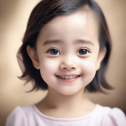 A hyper-realistic image of a cute little woman with a friendly expression