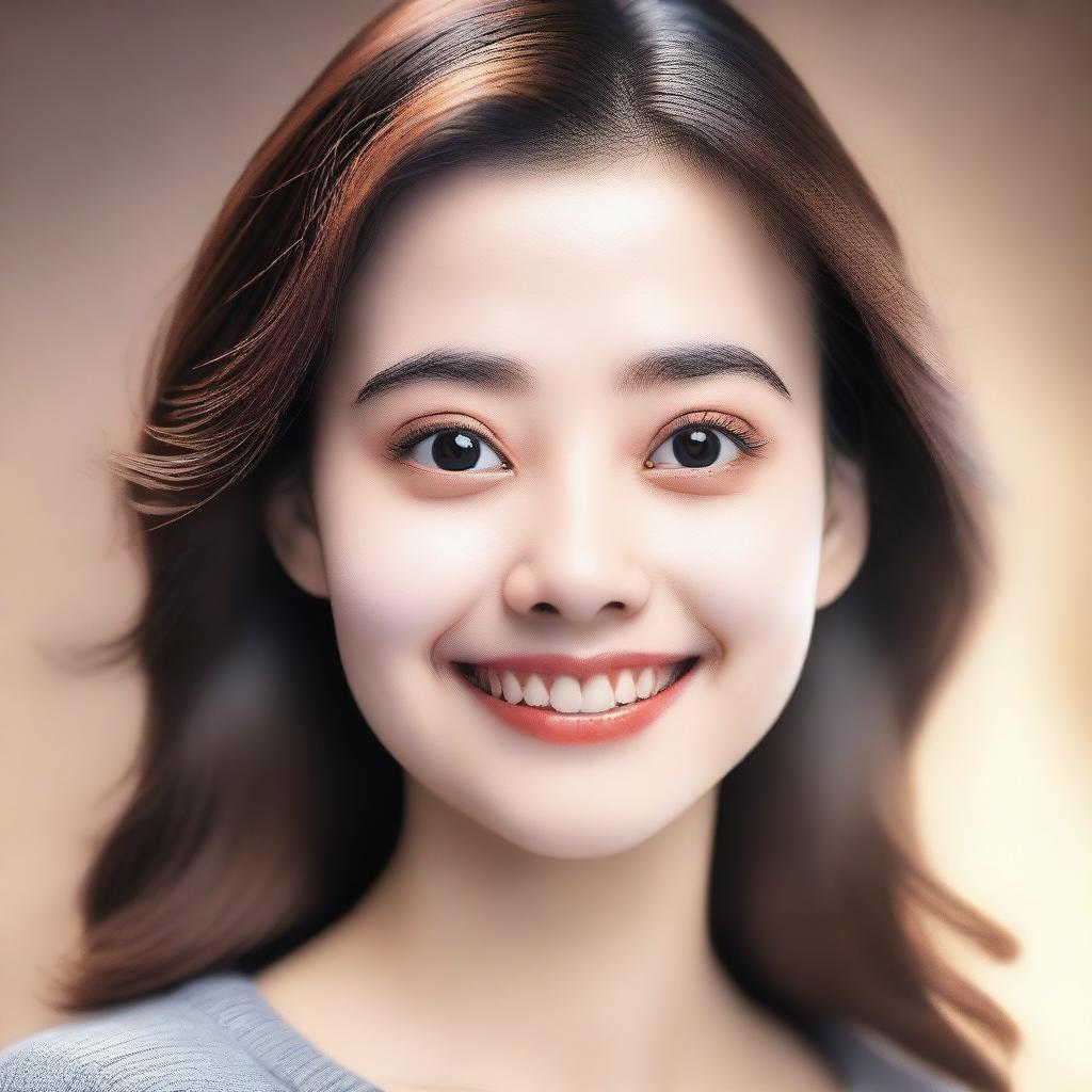 A hyper-realistic image of a cute woman with a friendly expression