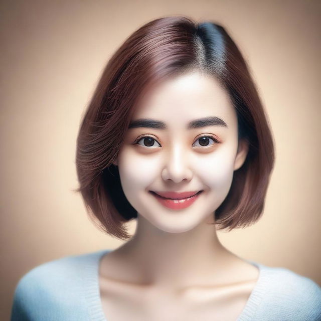 A hyper-realistic image of a cute woman with a friendly expression