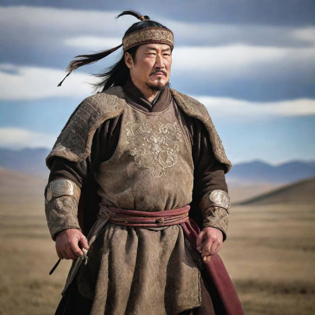 An authoritative, grand portrayal of Genghis Khan, the legendary Mongol leader, dressed in traditional Mongol warrior attire, standing tall against a backdrop of vast, windswept steppes.