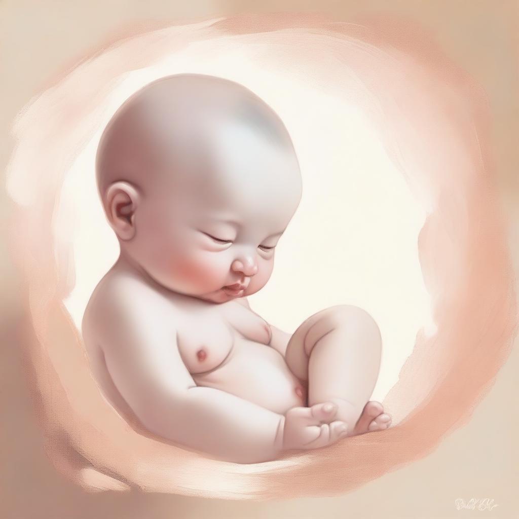 A serene and artistic painting of a fetus, depicted in a soft and gentle style