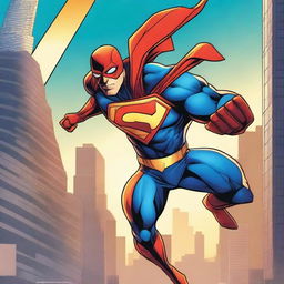 A dynamic and powerful superhero in an action pose, featured on a comic book cover