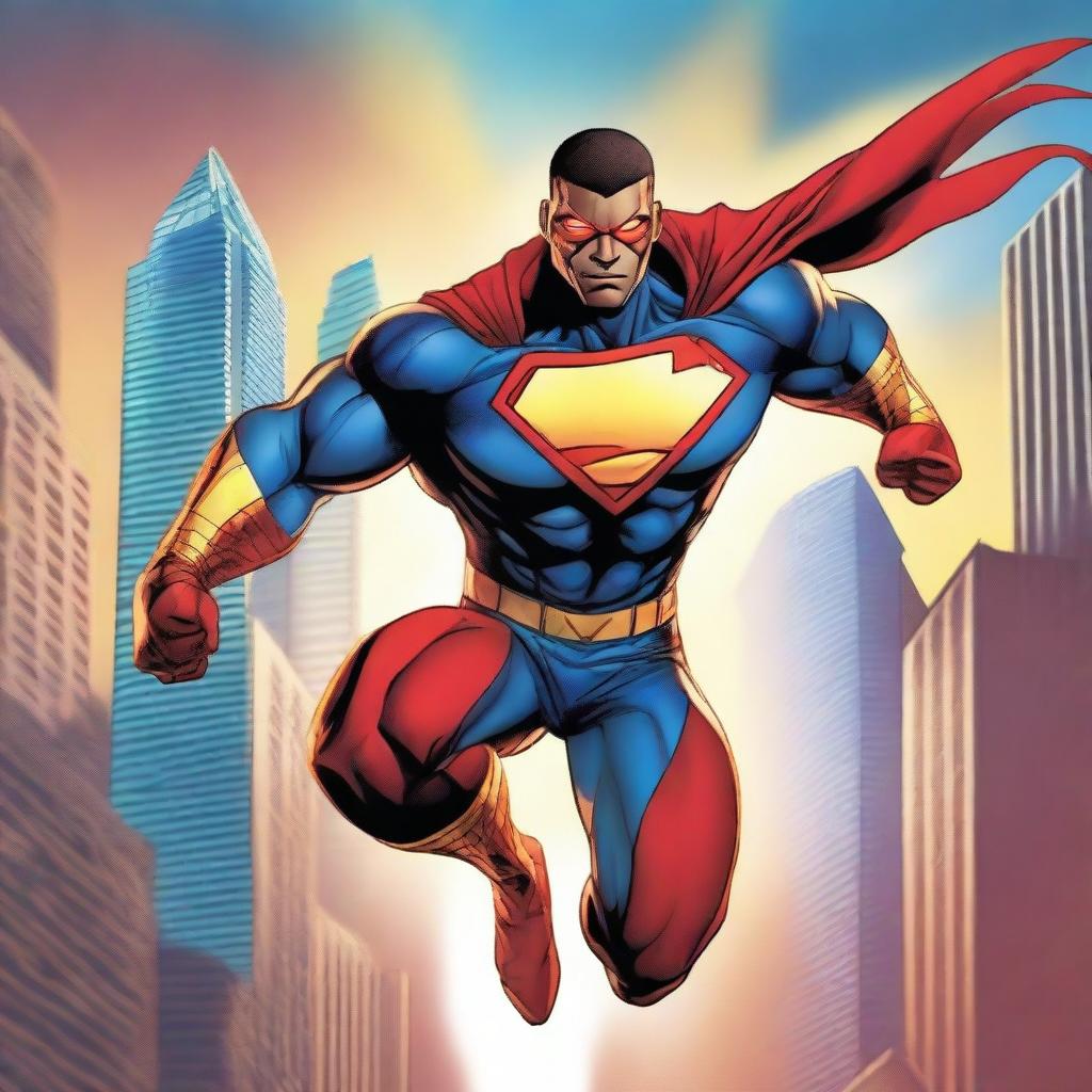 A dynamic and powerful superhero in an action pose, featured on a comic book cover