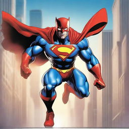 A dynamic and powerful superhero in an action pose, featured on a comic book cover