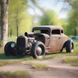 Create an image of a rat rod style car with a wasteland look parked in the grass near some trees