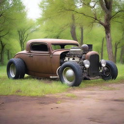 Create an image of a rat rod style car with a wasteland look parked in the grass near some trees