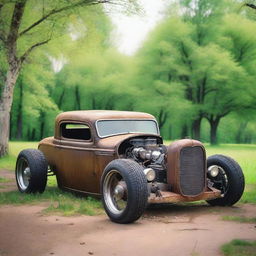 Create an image of a rat rod style car with a wasteland look parked in the grass near some trees