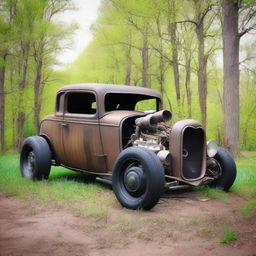 Create an image of a rat rod style car with a wasteland look parked in the grass near some trees