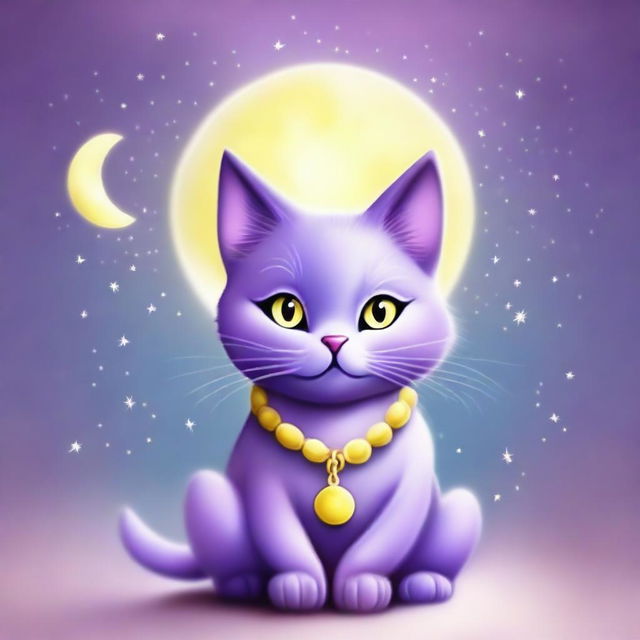 A whimsical purple cat wearing a yellow moon necklace, sitting gracefully with a serene expression