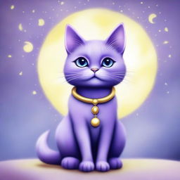 A whimsical purple cat wearing a yellow moon necklace, sitting gracefully with a serene expression