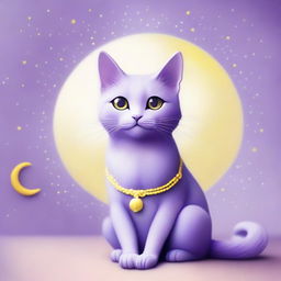 A whimsical purple cat wearing a yellow moon necklace, sitting gracefully with a serene expression