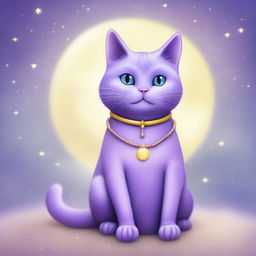 A whimsical purple cat wearing a yellow moon necklace, sitting gracefully with a serene expression