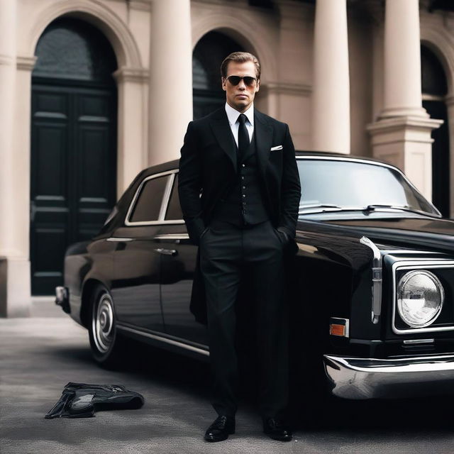 A heroic Caucasian figure dressed in black, holding a gun, standing confidently next to a tuned Rolls Royce