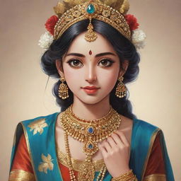 Create an illustration of a young, anime-style girl, adorned in traditional attire and jewellery indicative of Krishna Bhakti devotion