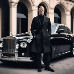 A heroic Caucasian figure dressed in black, holding a gun, standing confidently next to a tuned Rolls Royce