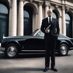 A heroic Caucasian figure dressed in black, holding a gun, standing confidently next to a tuned Rolls Royce