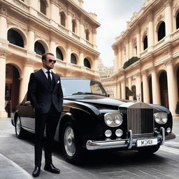 A heroic Caucasian figure dressed in black, holding a gun, standing confidently next to a tuned Rolls Royce in Monaco