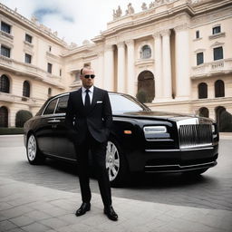 A heroic Caucasian figure dressed in black, holding a gun, standing confidently next to a tuned Rolls Royce in Monaco