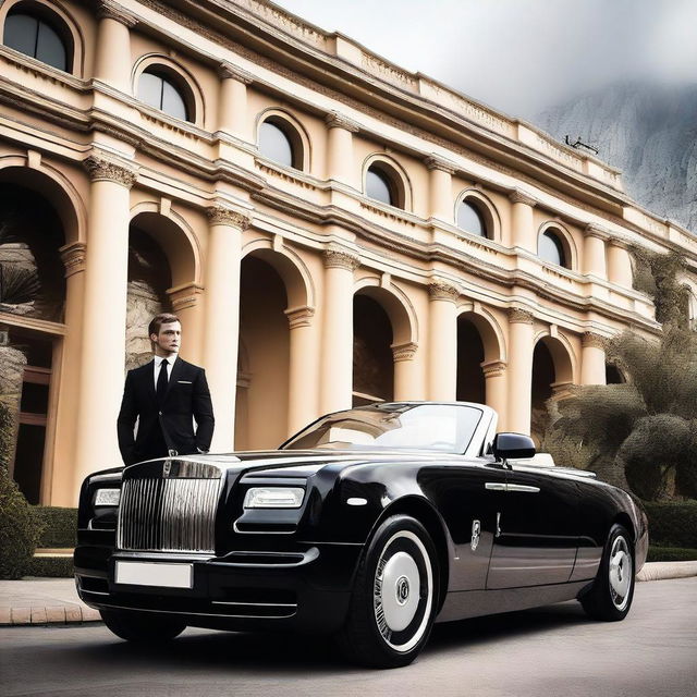 A heroic Caucasian figure dressed in black, holding a gun, standing confidently next to a tuned Rolls Royce in Monaco