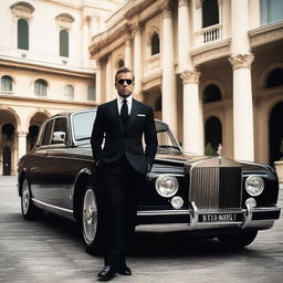 A heroic Caucasian figure dressed in black, holding a gun, standing confidently next to a tuned Rolls Royce in Monaco