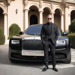 A Caucasian man dressed in black, holding a large gun, standing confidently next to a black Mansory Rolls Royce in Monaco