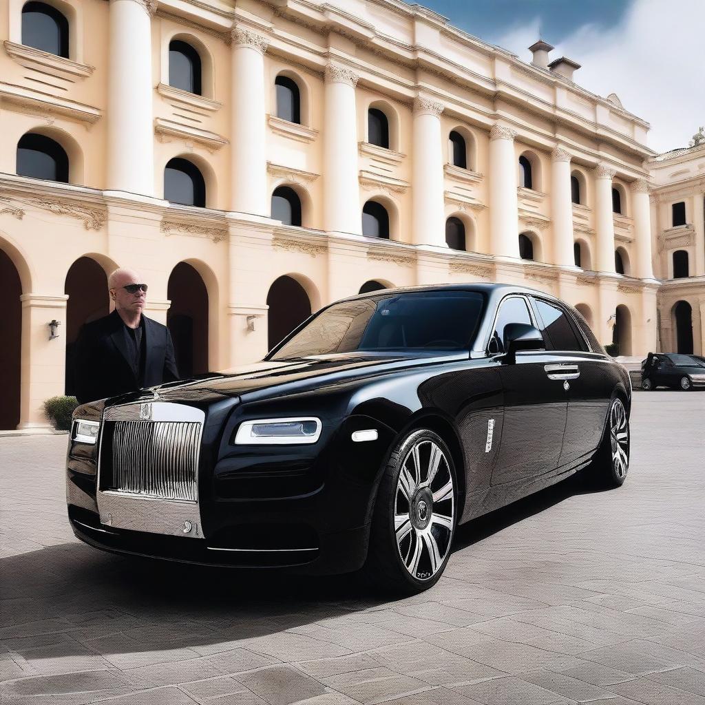 A Caucasian man dressed in black, holding a large gun, standing confidently next to a black Mansory Rolls Royce in Monaco