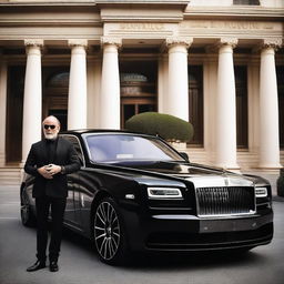 A Caucasian man dressed in black, holding a large gun, standing confidently next to a black Mansory Rolls Royce in Monaco