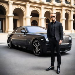 A Caucasian man dressed in black, holding a large gun, standing confidently next to a black Mansory Rolls Royce in Monaco