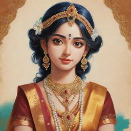 Create an illustration of a young, anime-style girl, adorned in traditional attire and jewellery indicative of Krishna Bhakti devotion