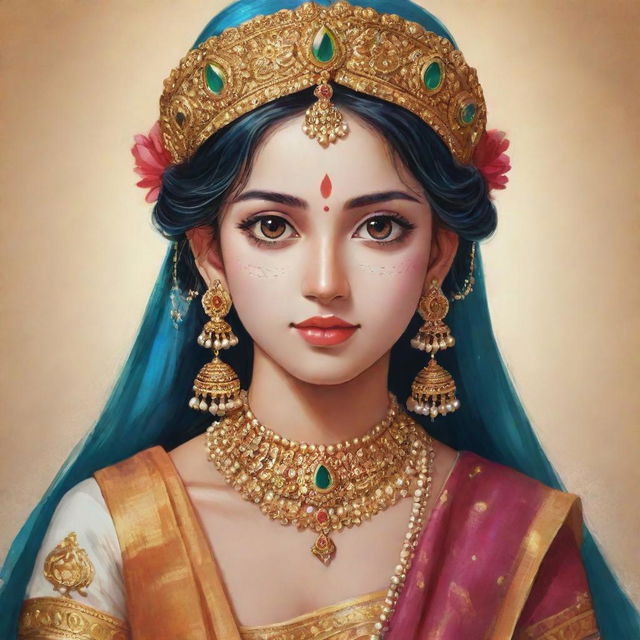 Create an illustration of a young, anime-style girl, adorned in traditional attire and jewellery indicative of Krishna Bhakti devotion