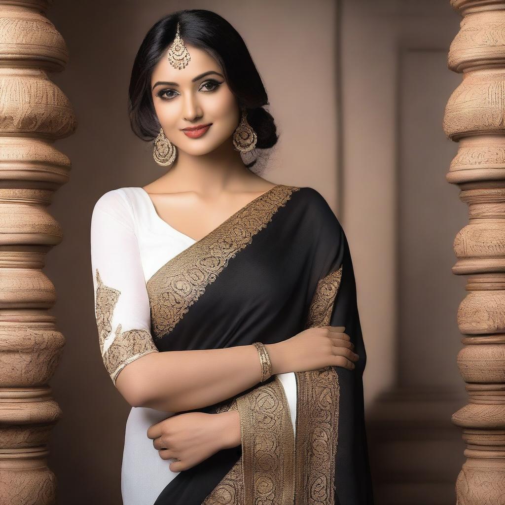 A beautiful Indian woman wearing a white blouse with a deep neckline and a black saree