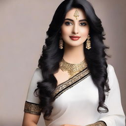 A beautiful Indian woman wearing a white blouse with a deep neckline and a black saree