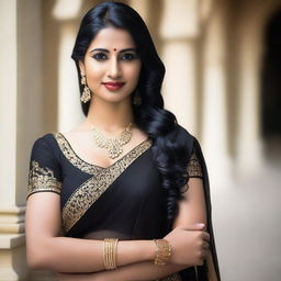 A beautiful Indian woman wearing a white blouse with a deep neckline and a black saree