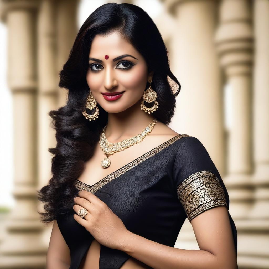 A beautiful Indian woman wearing a white blouse with a deep neckline and a black saree