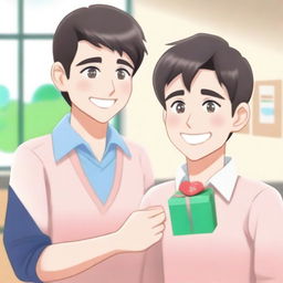 A romantic scene between a male student and a male teacher, set in a classroom