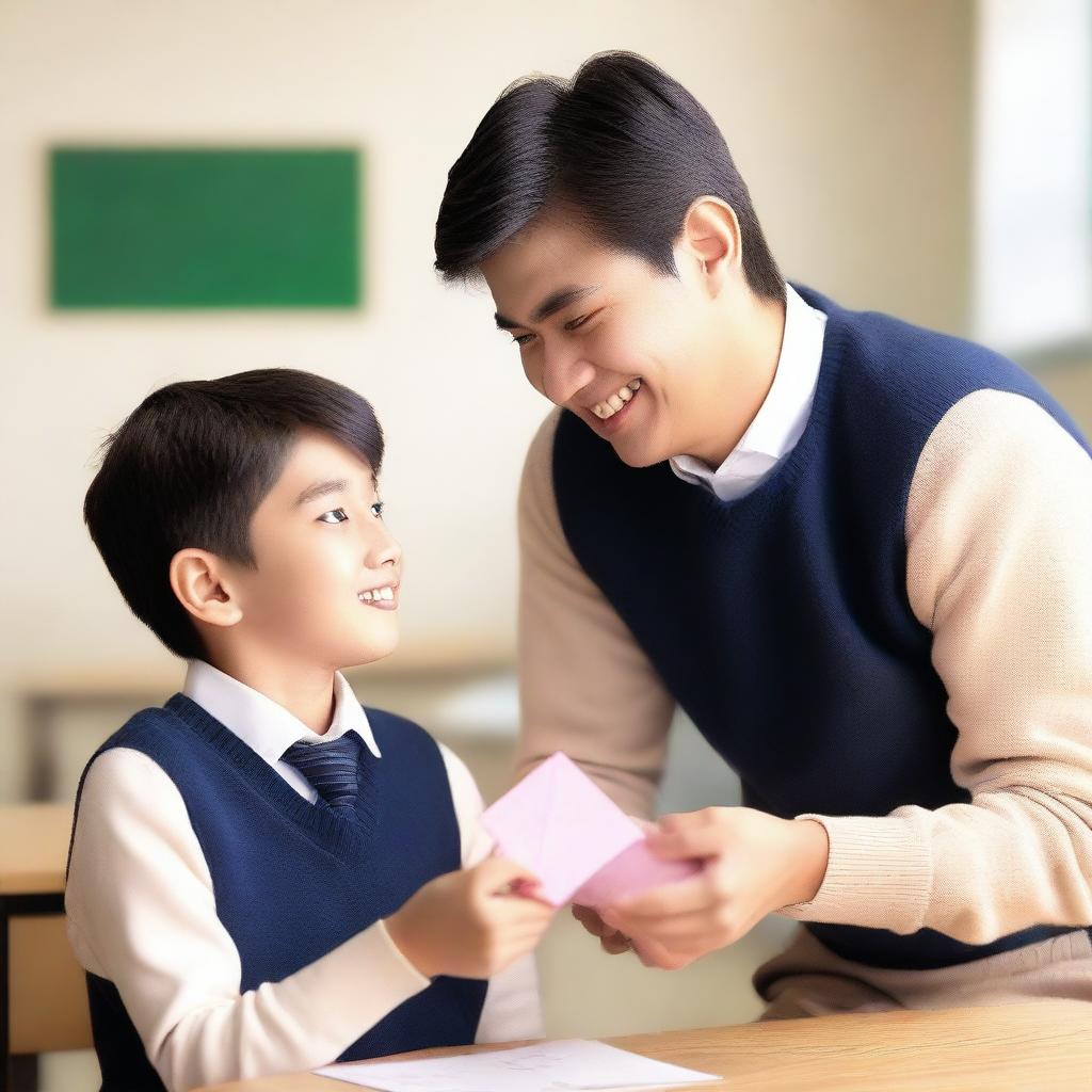 A romantic scene between a male student and a male teacher, set in a classroom