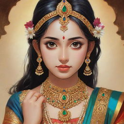 Create an illustration of a young, anime-style girl, adorned in traditional attire and jewellery indicative of Krishna Bhakti devotion