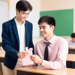 A romantic scene between a male student and a male teacher, set in a classroom