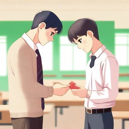 A romantic scene between a male student and a male teacher, set in a classroom