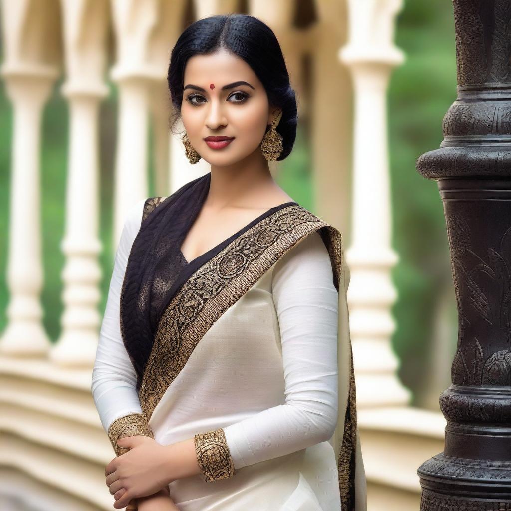 A beautiful Indian cultured woman wearing a deep long white blouse paired with a traditional black saree