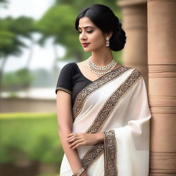 A beautiful Indian cultured woman wearing a deep long white blouse paired with a traditional black saree